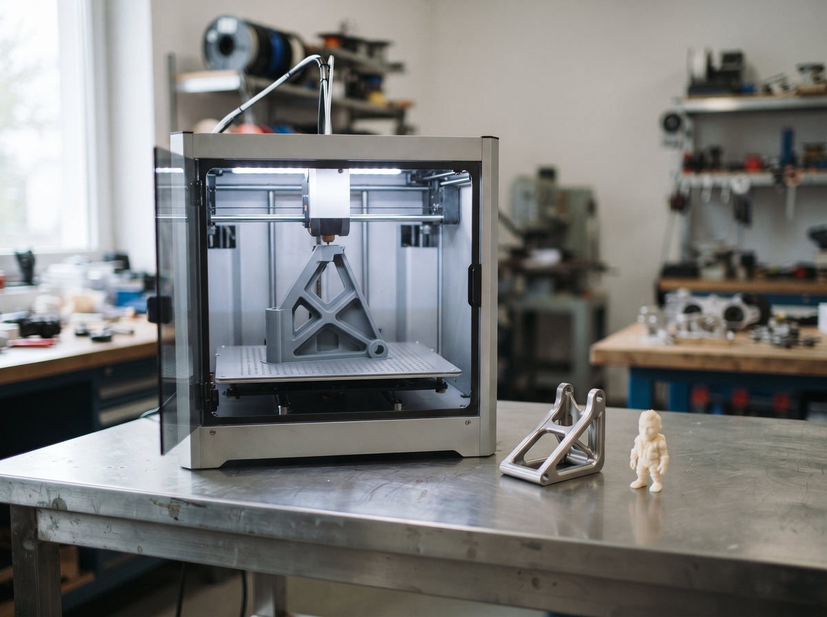3D-printer, der printer en del i plast, med et metalbeslag og en lille figur ved siden af