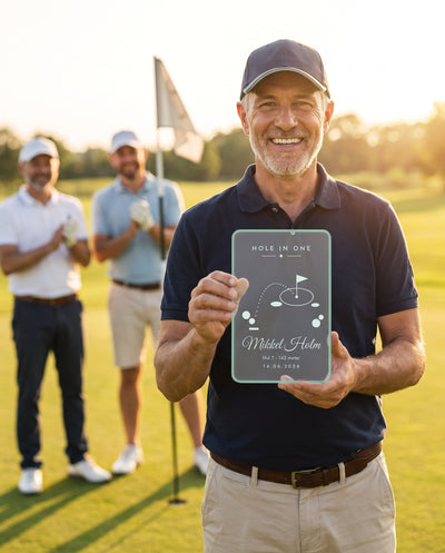 Ace hole in one-trofæ i glass look akryl holdt op af stolt golfer på greenen