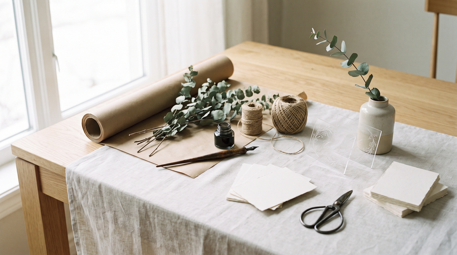 Bord med DIY-materialer til bryllup: kraftpapir, eukalyptus, snor, kalligrafipen og færdige bordkort i klar akryl