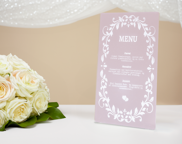 Enchanting Frosted Acrylic Wedding Dinner Menu Card – Elegant Table Display for a Romantic Feast