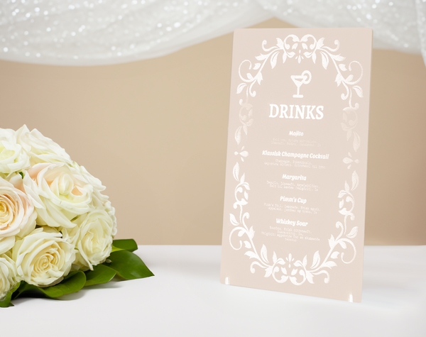 Dreamy Frosted Acrylic Wedding Bar Menu Sign – Elegant Drink Display for a Magical Celebration