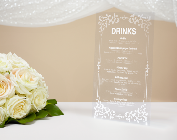 Clear Vision Transparent Acrylic Wedding Bar Menu Sign – Contemporary Drink Display for a Sophisticated Celebration