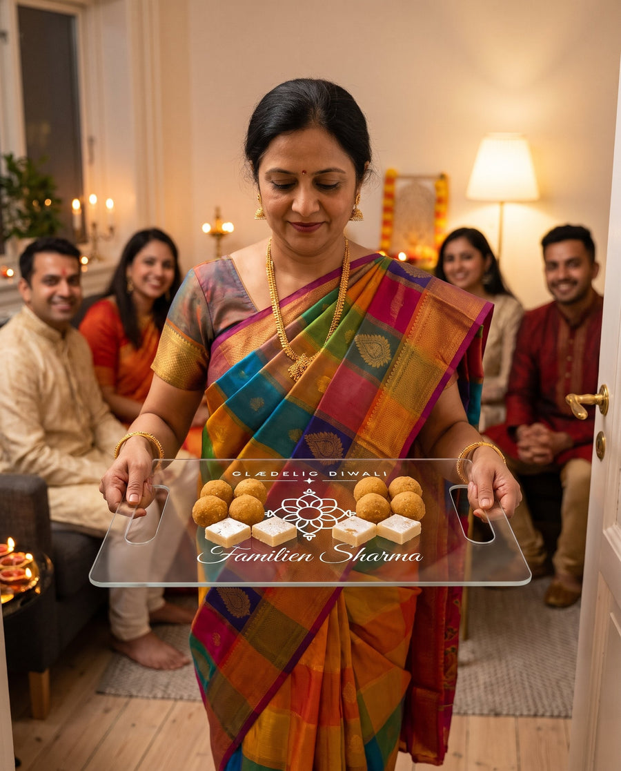 Lysfest: diwali-bakke til mithai i klar akryl med rangoli – i brug