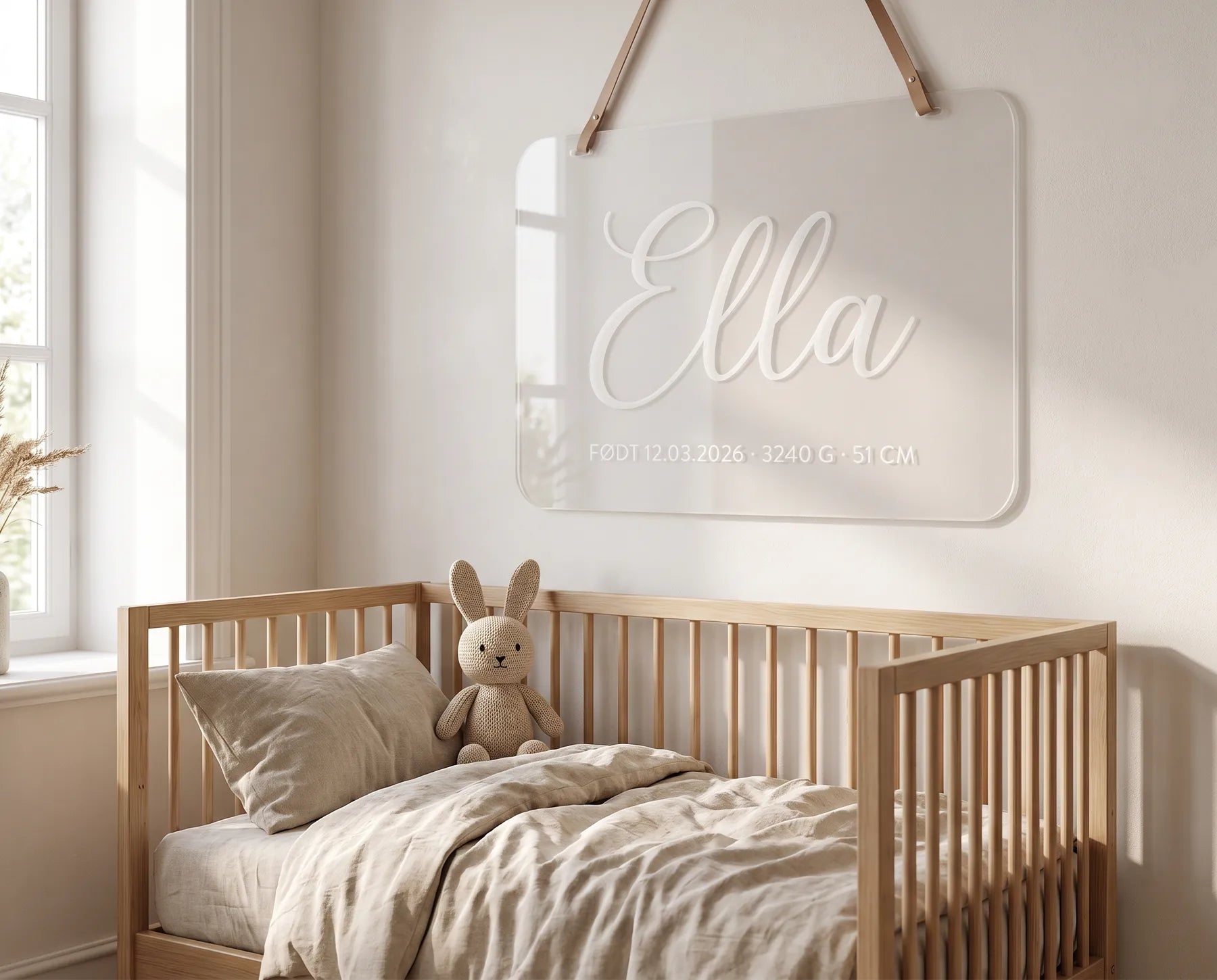 Navneplade i klar akryl med Ella, født 12.03.2026, 3240 g og 51 cm over en tremmeseng på et lyst børneværelse