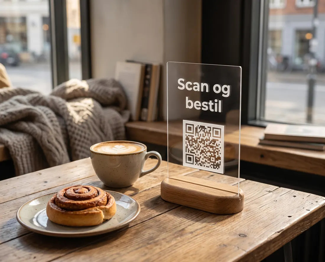 Bordskilt i klar akryl med QR-kode og teksten Scan og bestil på et cafébord