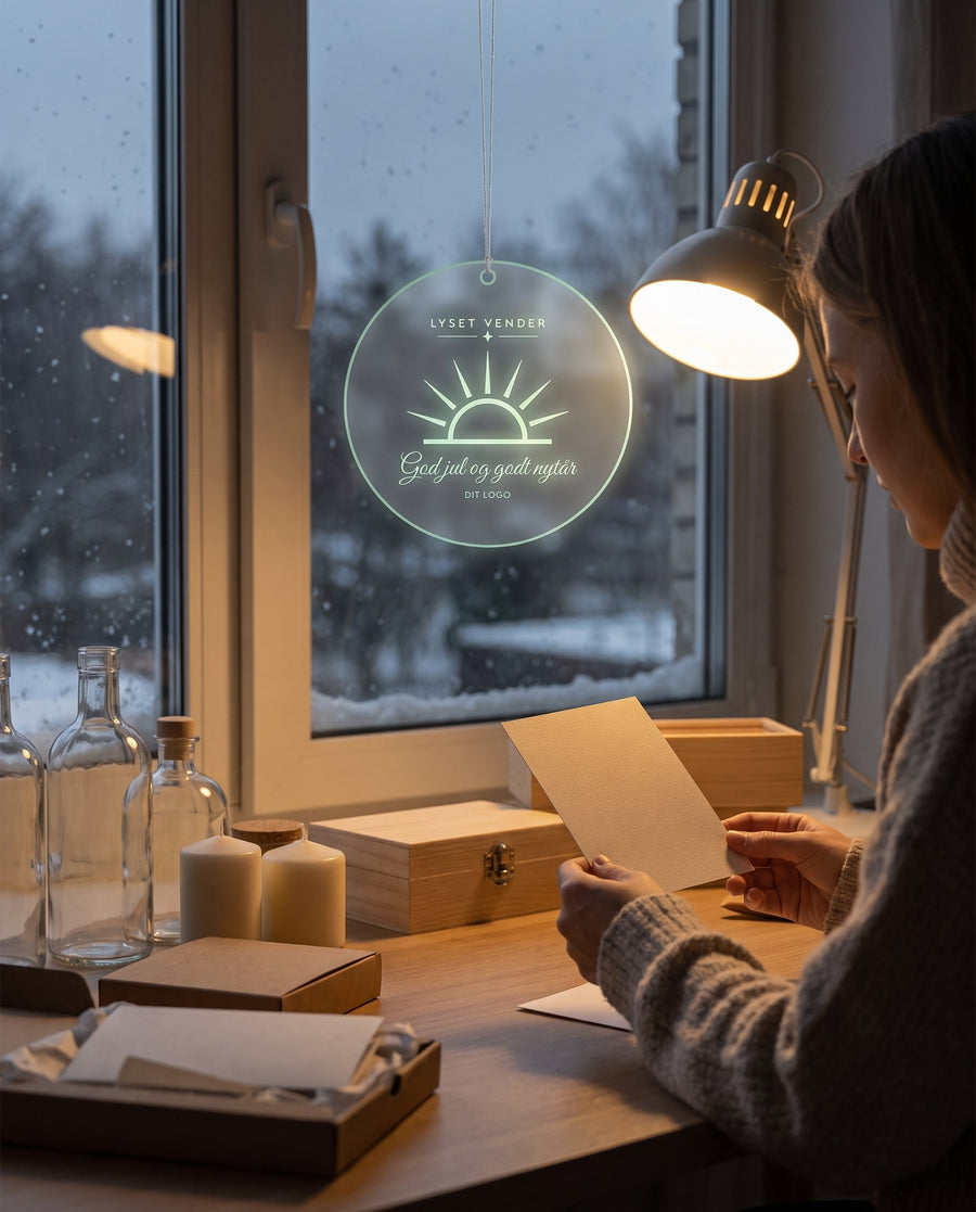 Solhverv: julehilsen i glass look akryl med sol og logo – i brug