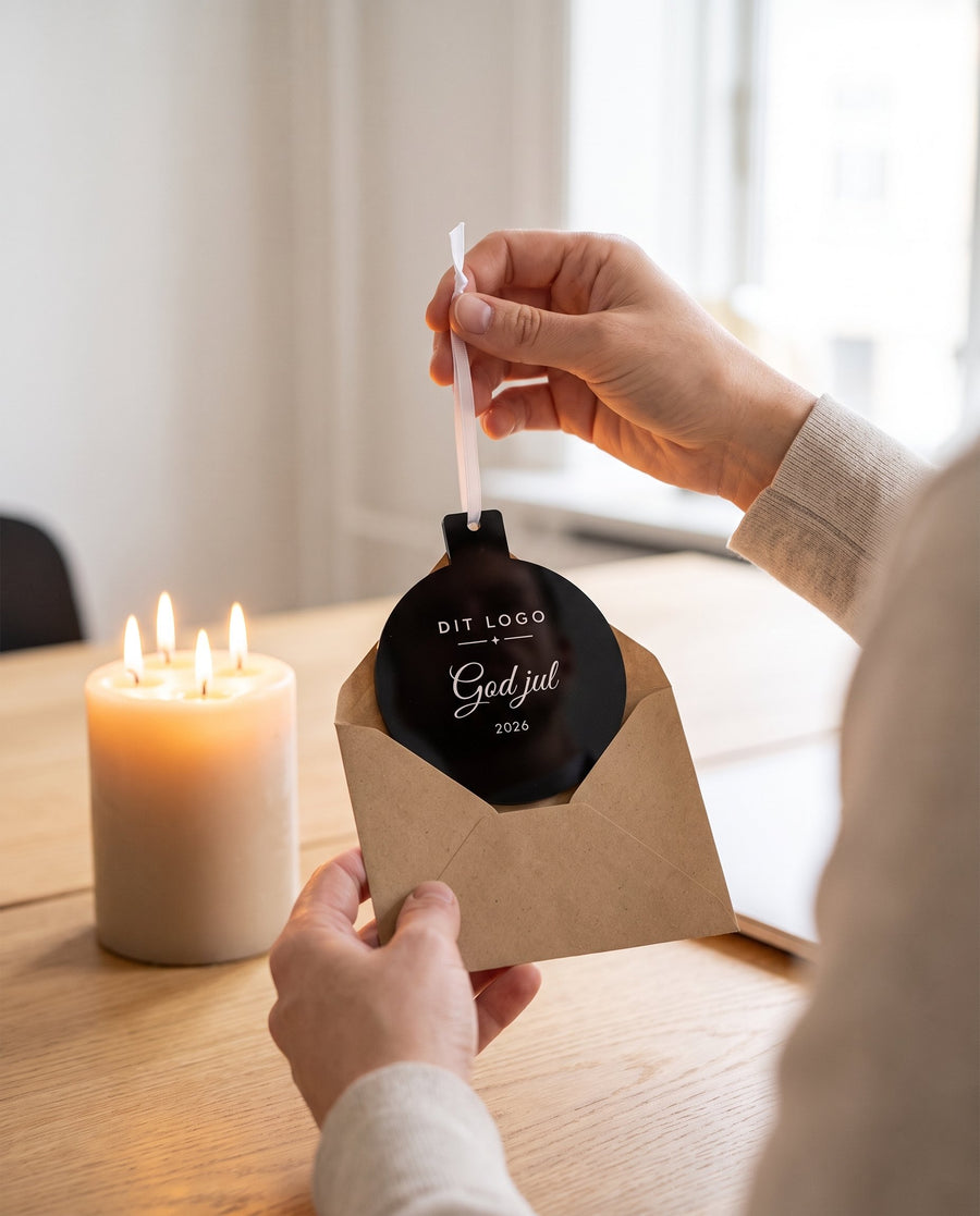 Emmer: julekugle i sort akryl med logo – i brug