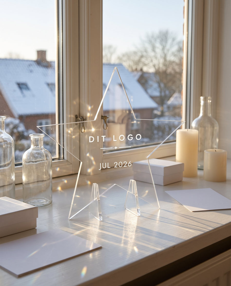 Ledestjerne: julestjerne i klar akryl med logo – i brug