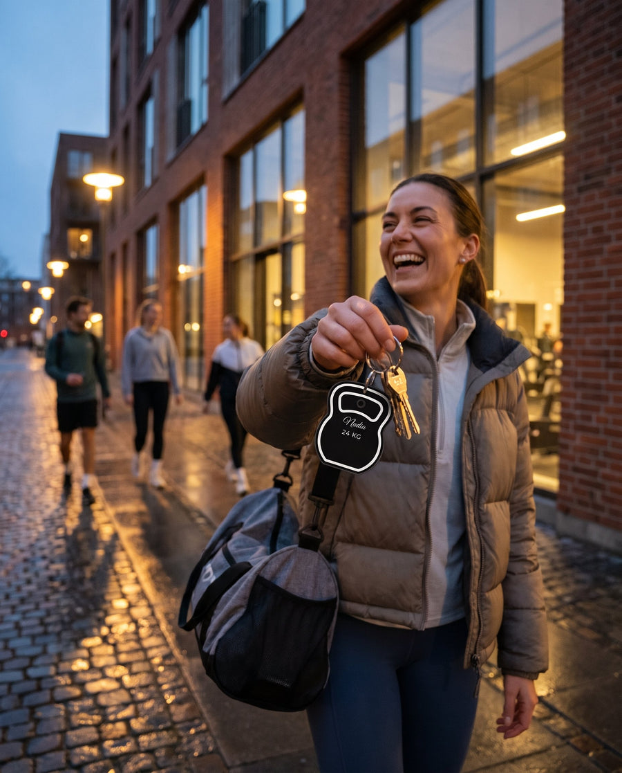 Swing: nøglering formet som en kettlebell med navn – i brug