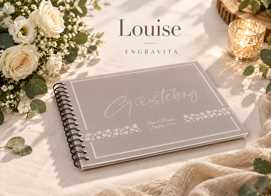 Louise – gæstebog i frostet akryl med træmotiv til bryllup – minimalistisk produktplakat