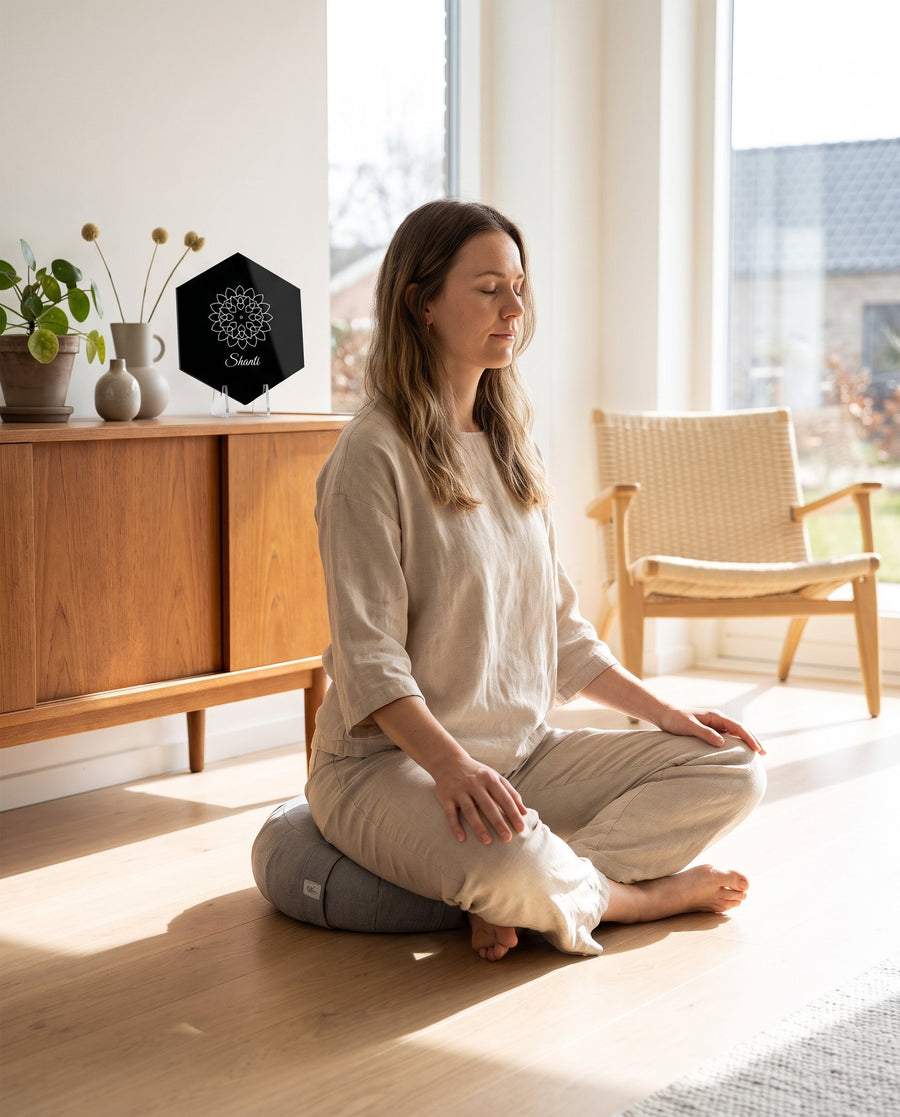 Centrum: sekskantet mandala-skilt i sort glossy akryl – i brug