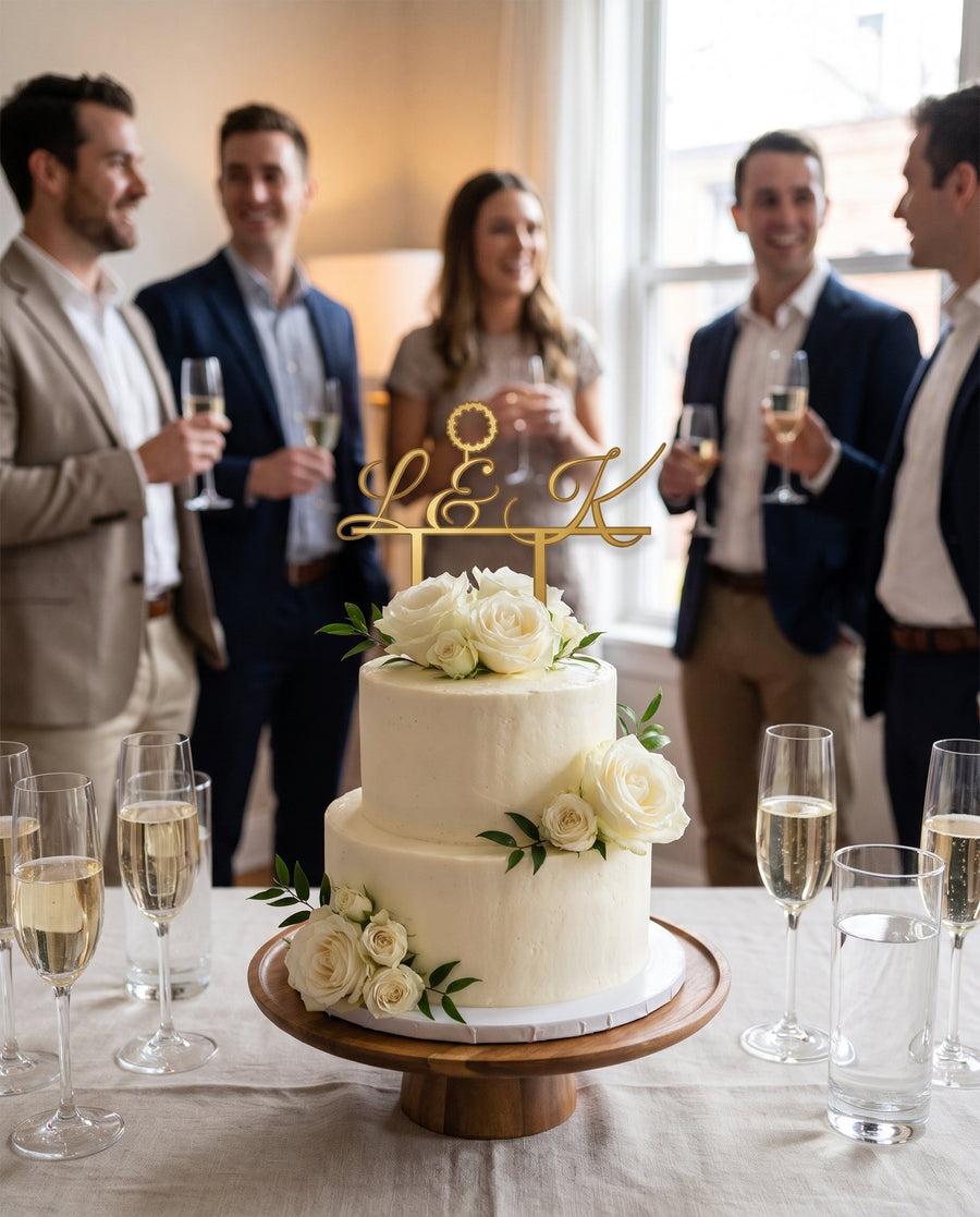 Skovstjerne: monogram cake topper i akryl med krans og initialer – i brug
