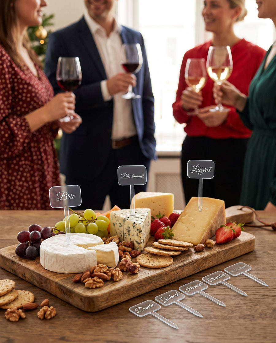 Næs: 8 ostemarkører i klar akryl med logo – i brug