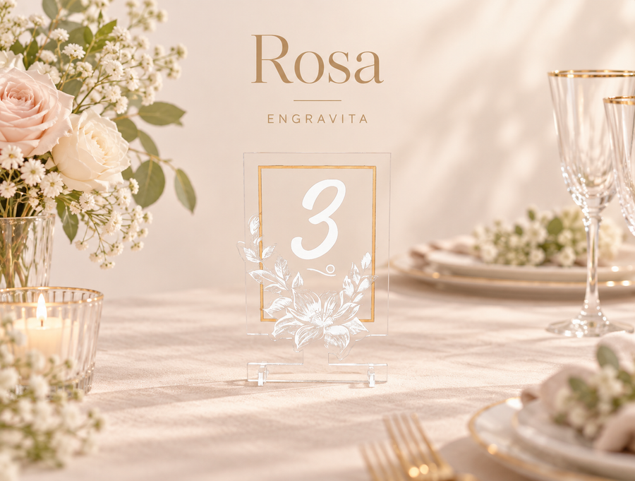 Rosa – romantiske bordnumre i klar akryl til bryllup – minimalistisk produktplakat
