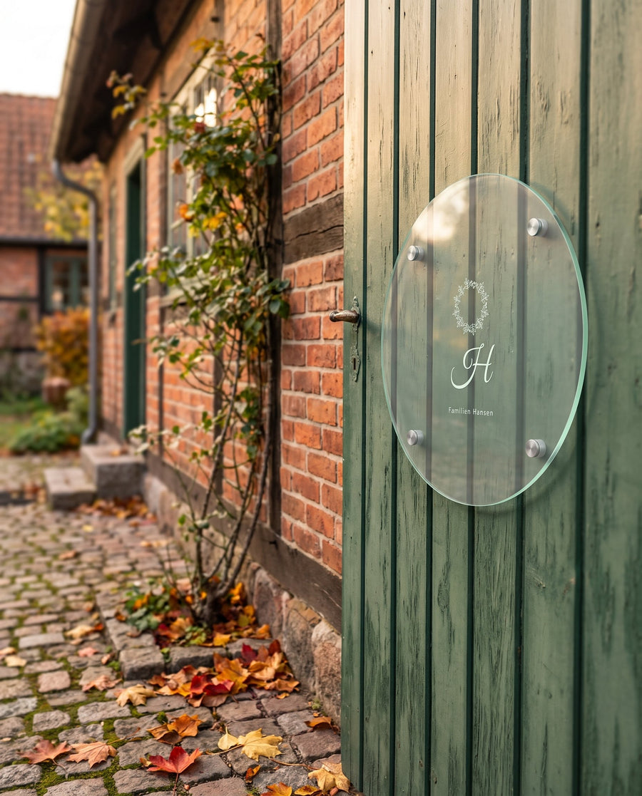 Røn: rundt husskilt i glass look akryl med rønnekrans og initial – i brug