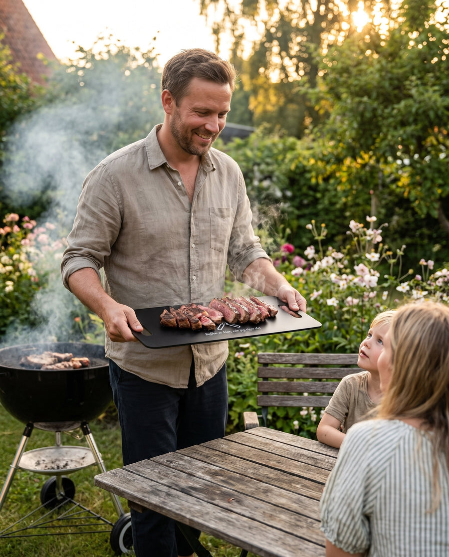 Bål: serveringsplanke til fars grill i sort akryl – i brug