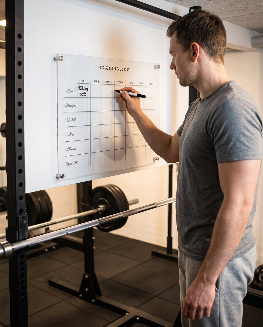 Sæt: træningslog til hjemmegymmet i klar akryl til whiteboardpen – i brug